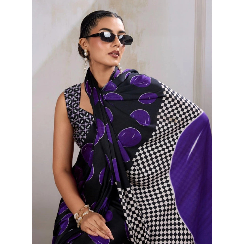 Amfyn Women's Satin Crepe Printed Saree With Unstitched Blouse 5.5Mtr (Purple)