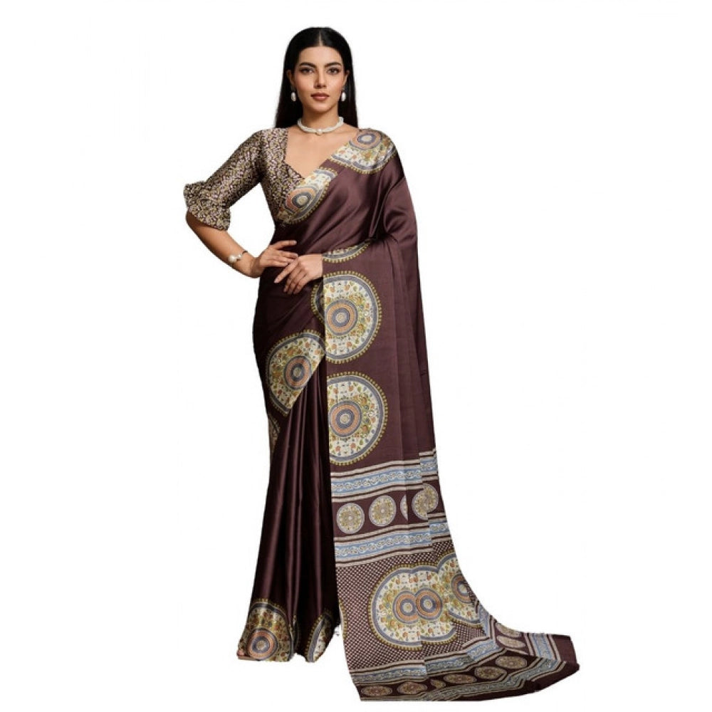 Amfyn Women's Satin Crepe Printed Saree With Unstitched Blouse 5.5Mtr (Brown)