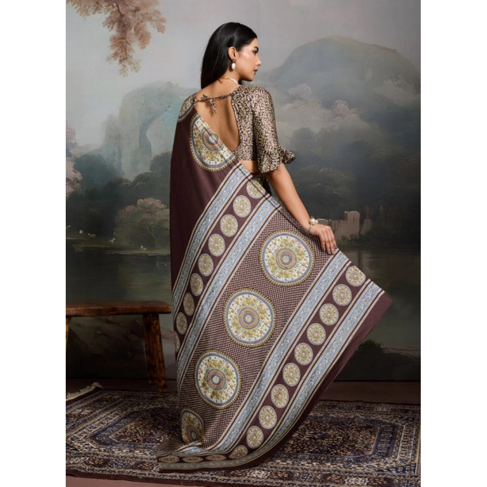 Amfyn Women's Satin Crepe Printed Saree With Unstitched Blouse 5.5Mtr (Brown)