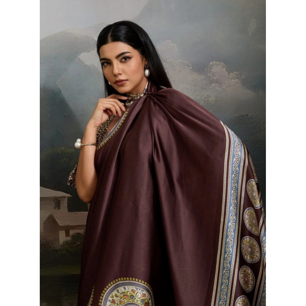 Amfyn Women's Satin Crepe Printed Saree With Unstitched Blouse 5.5Mtr (Brown)