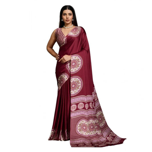 Amfyn Women's Satin Crepe Printed Saree With Unstitched Blouse 5.5Mtr (Maroon)