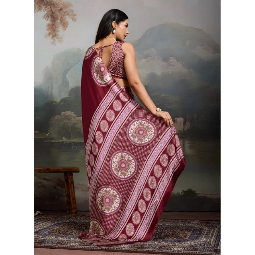 Amfyn Women's Satin Crepe Printed Saree With Unstitched Blouse 5.5Mtr (Maroon)