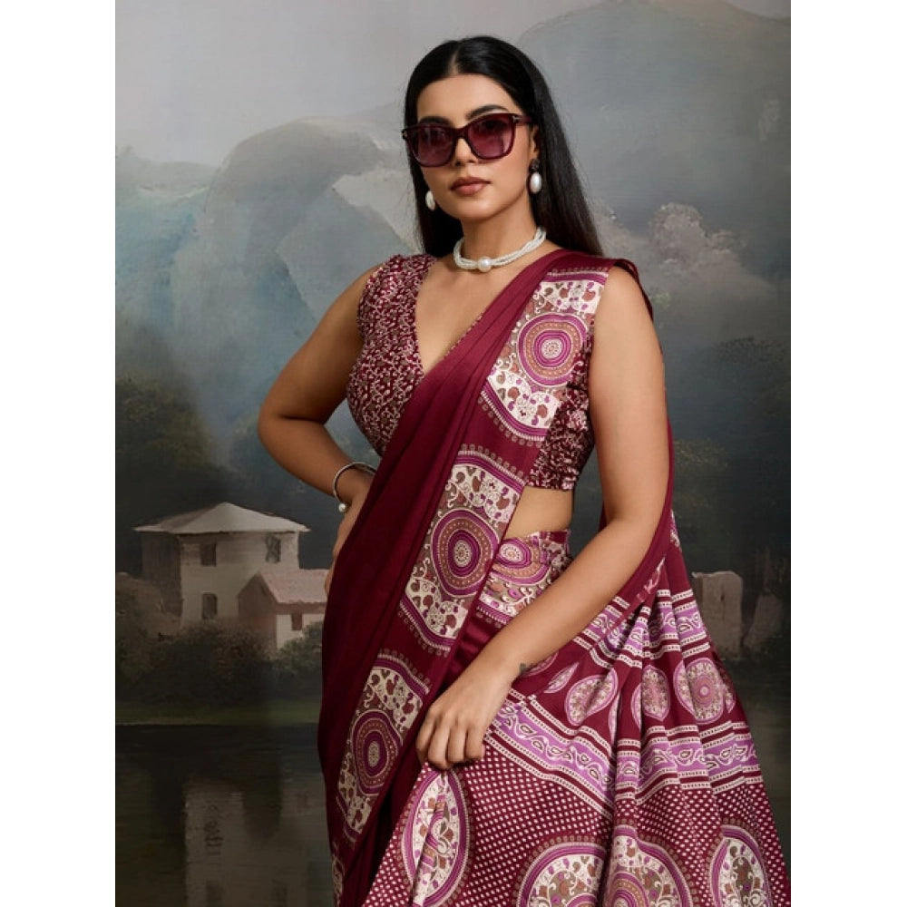 Amfyn Women's Satin Crepe Printed Saree With Unstitched Blouse 5.5Mtr (Maroon)