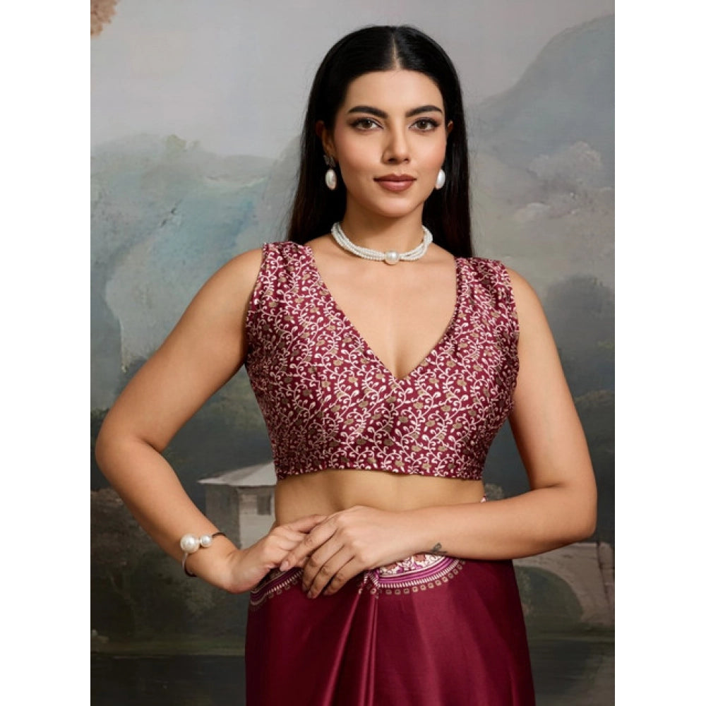 Amfyn Women's Satin Crepe Printed Saree With Unstitched Blouse 5.5Mtr (Maroon)