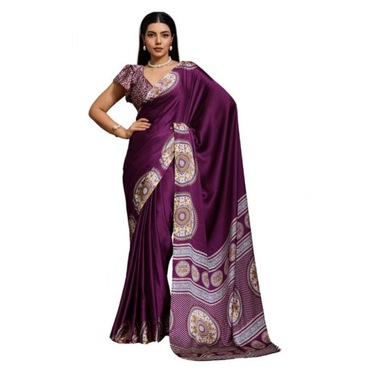 Amfyn Women's Satin Crepe Printed Saree With Unstitched Blouse 5.5Mtr (Purple)