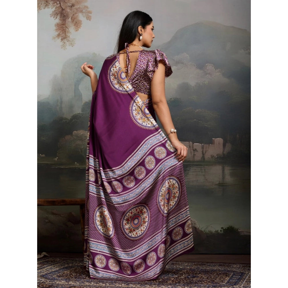 Amfyn Women's Satin Crepe Printed Saree With Unstitched Blouse 5.5Mtr (Purple)