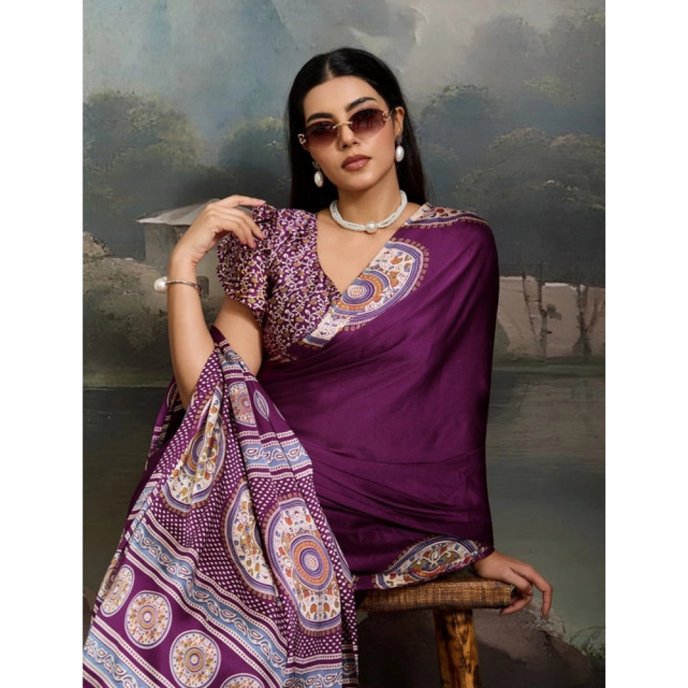 Amfyn Women's Satin Crepe Printed Saree With Unstitched Blouse 5.5Mtr (Purple)