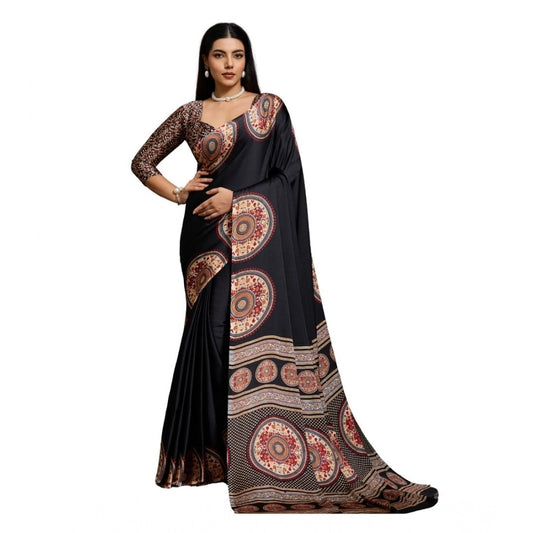 Amfyn Women's Satin Crepe Printed Saree With Unstitched Blouse 5.5Mtr (Black)