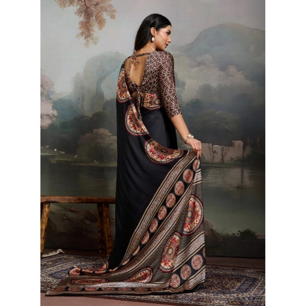 Amfyn Women's Satin Crepe Printed Saree With Unstitched Blouse 5.5Mtr (Black)
