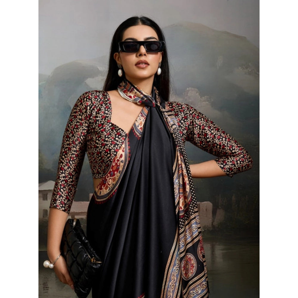 Amfyn Women's Satin Crepe Printed Saree With Unstitched Blouse 5.5Mtr (Black)