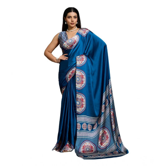 Amfyn Women's Satin Crepe Printed Saree With Unstitched Blouse 5.5Mtr (Blue)