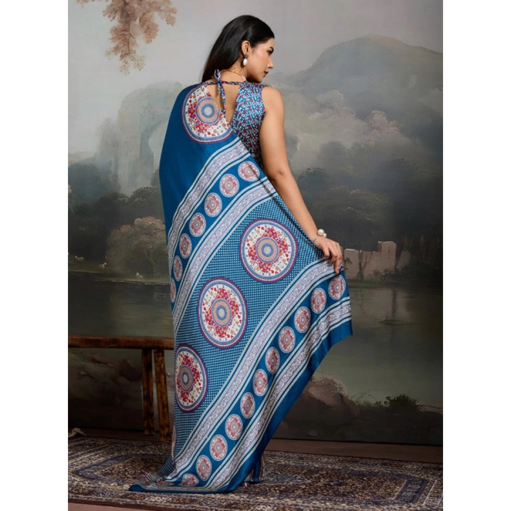 Amfyn Women's Satin Crepe Printed Saree With Unstitched Blouse 5.5Mtr (Blue)