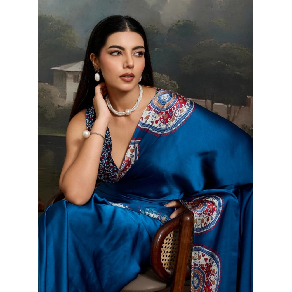 Amfyn Women's Satin Crepe Printed Saree With Unstitched Blouse 5.5Mtr (Blue)