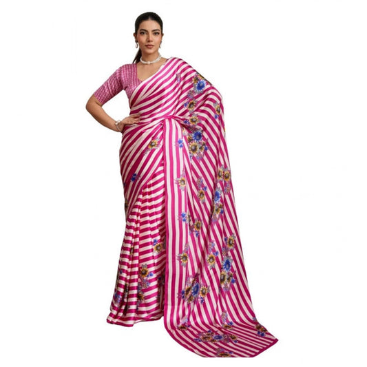 Amfyn Women's Satin Crepe Printed Saree With Unstitched Blouse 5.5Mtr (Pink)