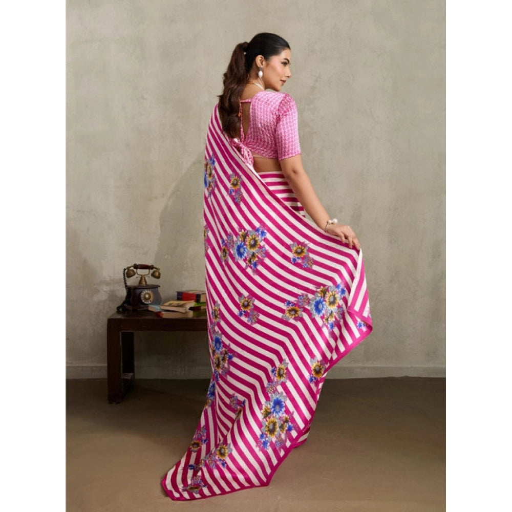 Amfyn Women's Satin Crepe Printed Saree With Unstitched Blouse 5.5Mtr (Pink)