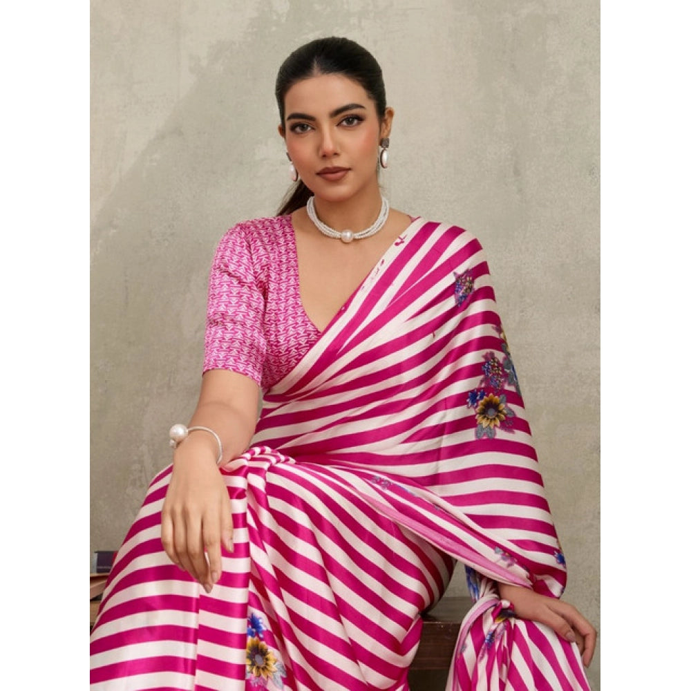 Amfyn Women's Satin Crepe Printed Saree With Unstitched Blouse 5.5Mtr (Pink)