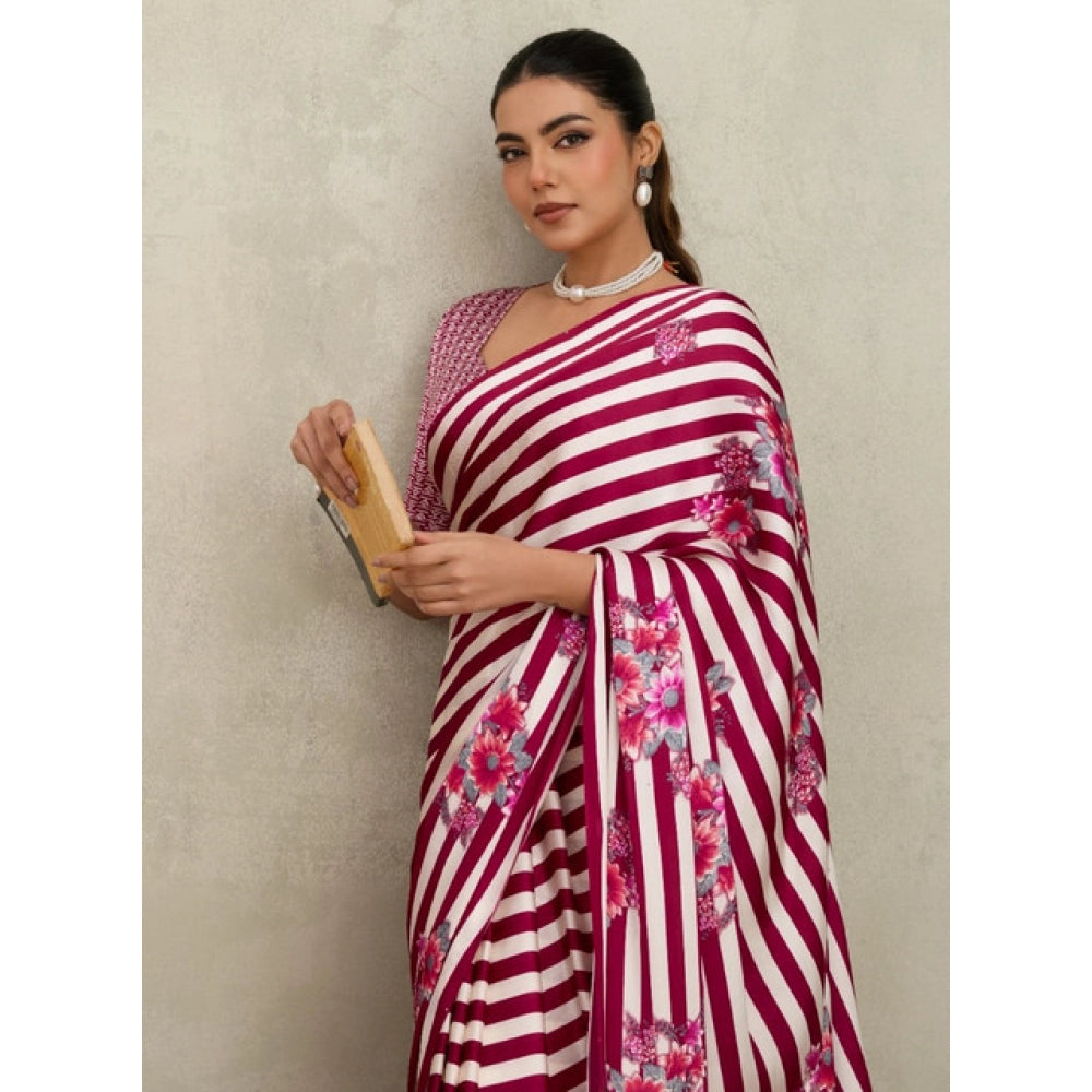 Amfyn Women's Satin Crepe Printed Saree With Unstitched Blouse 5.5Mtr (Maroon)