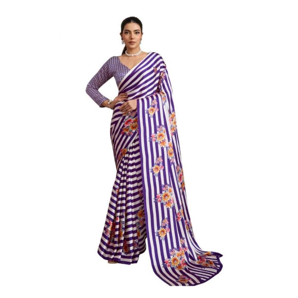 Amfyn Women's Satin Crepe Printed Saree With Unstitched Blouse 5.5Mtr (Purple)