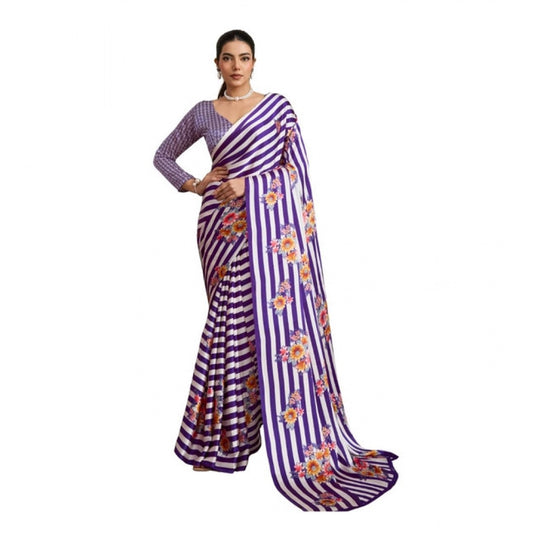 Amfyn Women's Satin Crepe Printed Saree With Unstitched Blouse 5.5Mtr (Purple)