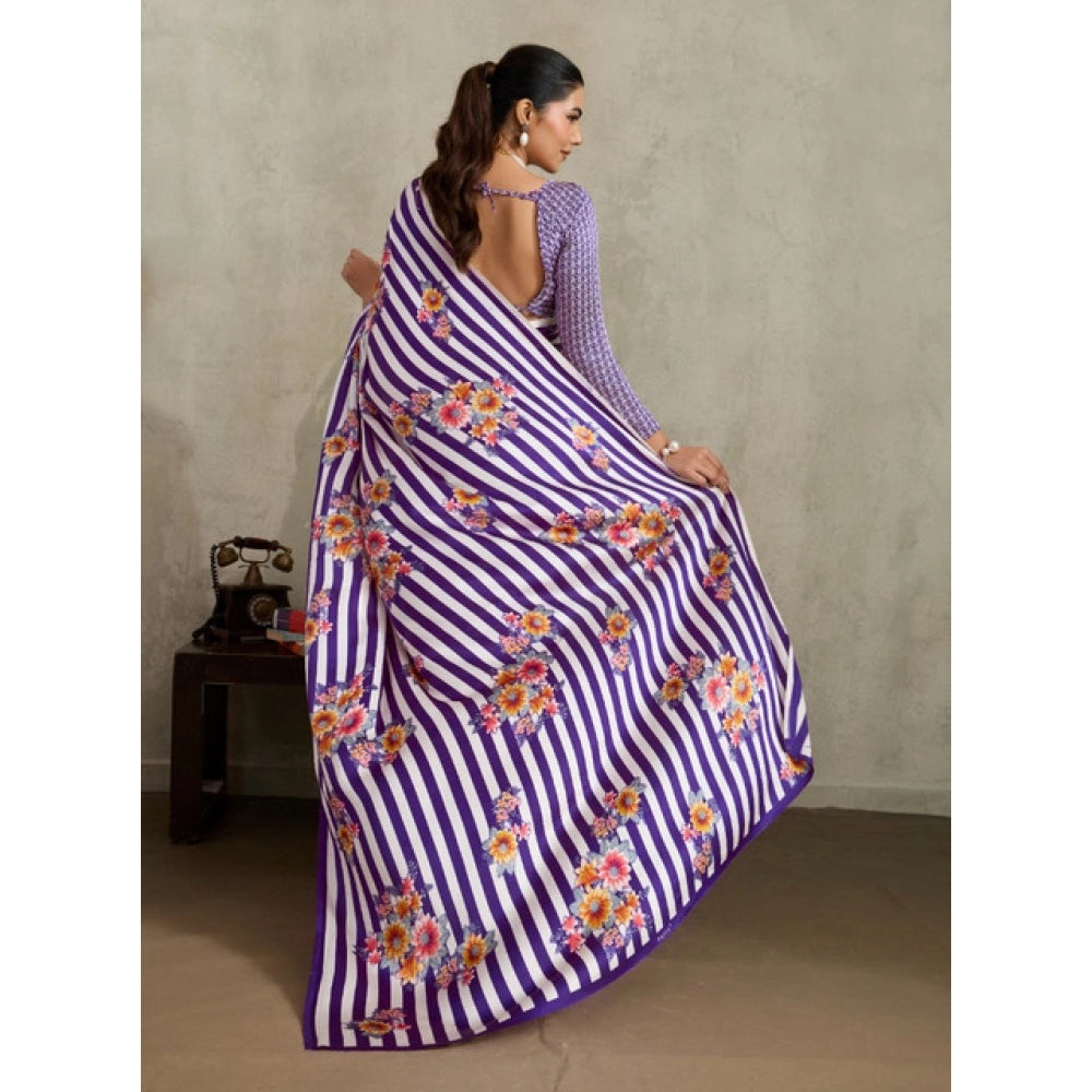 Amfyn Women's Satin Crepe Printed Saree With Unstitched Blouse 5.5Mtr (Purple)