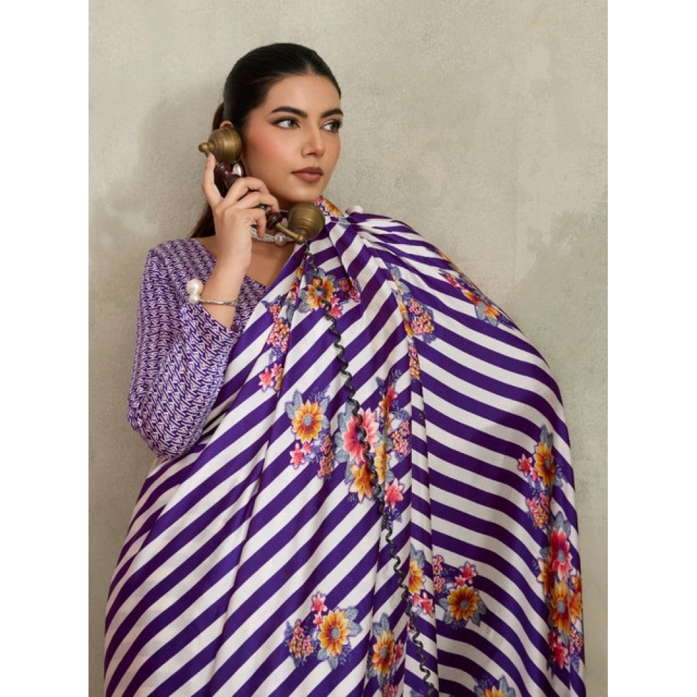Amfyn Women's Satin Crepe Printed Saree With Unstitched Blouse 5.5Mtr (Purple)