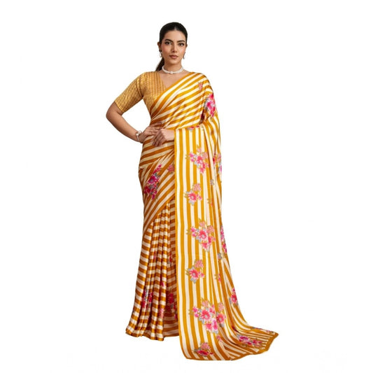 Amfyn Women's Satin Crepe Printed Saree With Unstitched Blouse 5.5Mtr (Mustard)