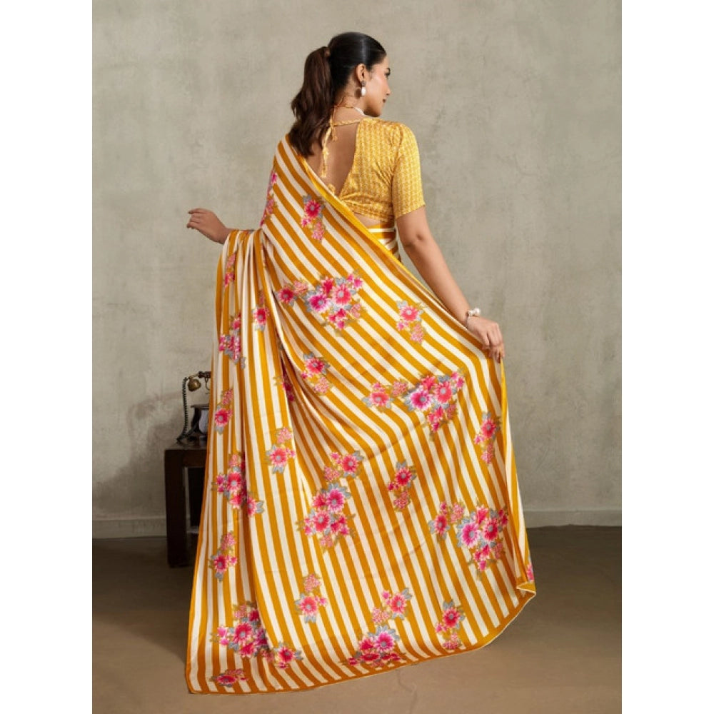 Amfyn Women's Satin Crepe Printed Saree With Unstitched Blouse 5.5Mtr (Mustard)