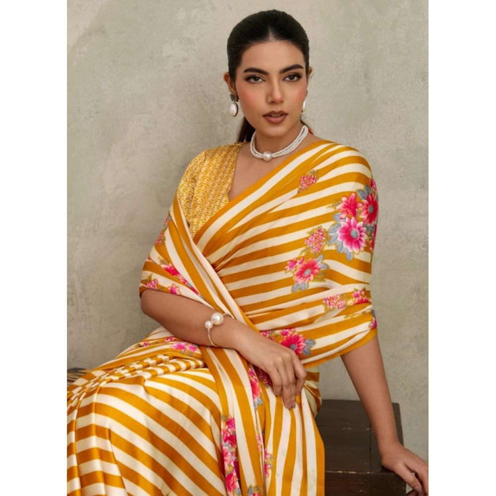 Amfyn Women's Satin Crepe Printed Saree With Unstitched Blouse 5.5Mtr (Mustard)