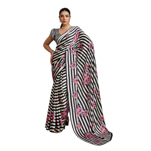 Amfyn Women's Satin Crepe Printed Saree With Unstitched Blouse 5.5Mtr (Black)