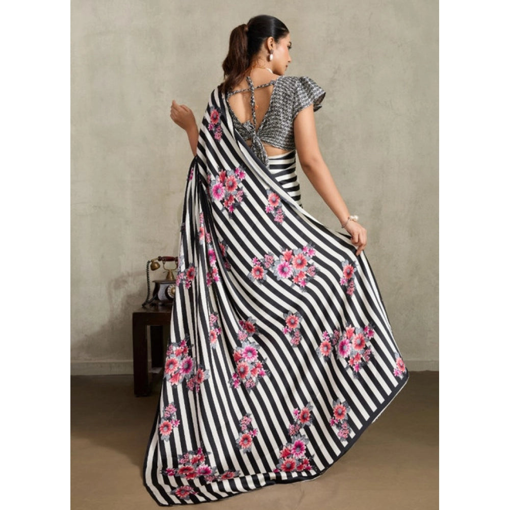 Amfyn Women's Satin Crepe Printed Saree With Unstitched Blouse 5.5Mtr (Black)