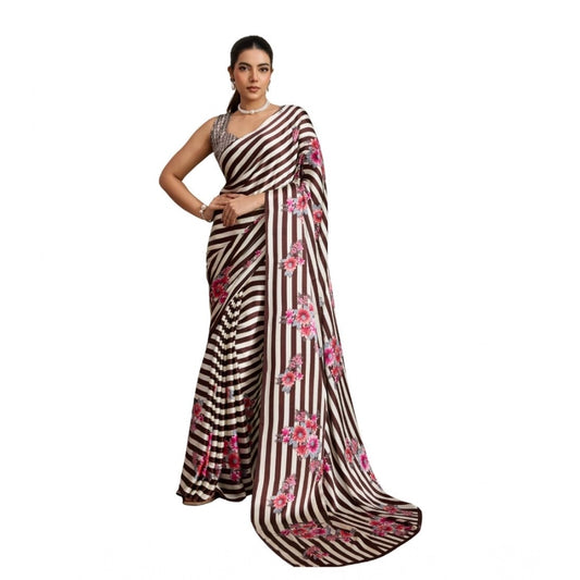 Amfyn Women's Satin Crepe Printed Saree With Unstitched Blouse 5.5Mtr (Brown)