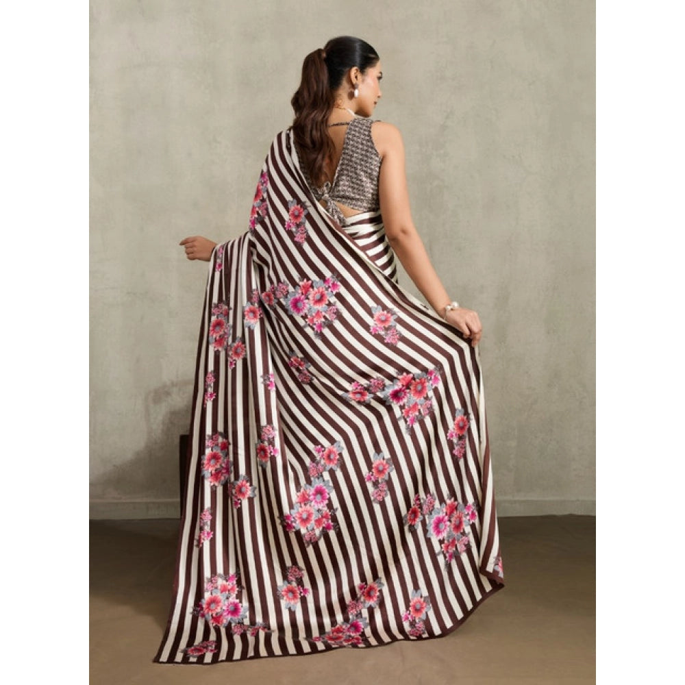 Amfyn Women's Satin Crepe Printed Saree With Unstitched Blouse 5.5Mtr (Brown)