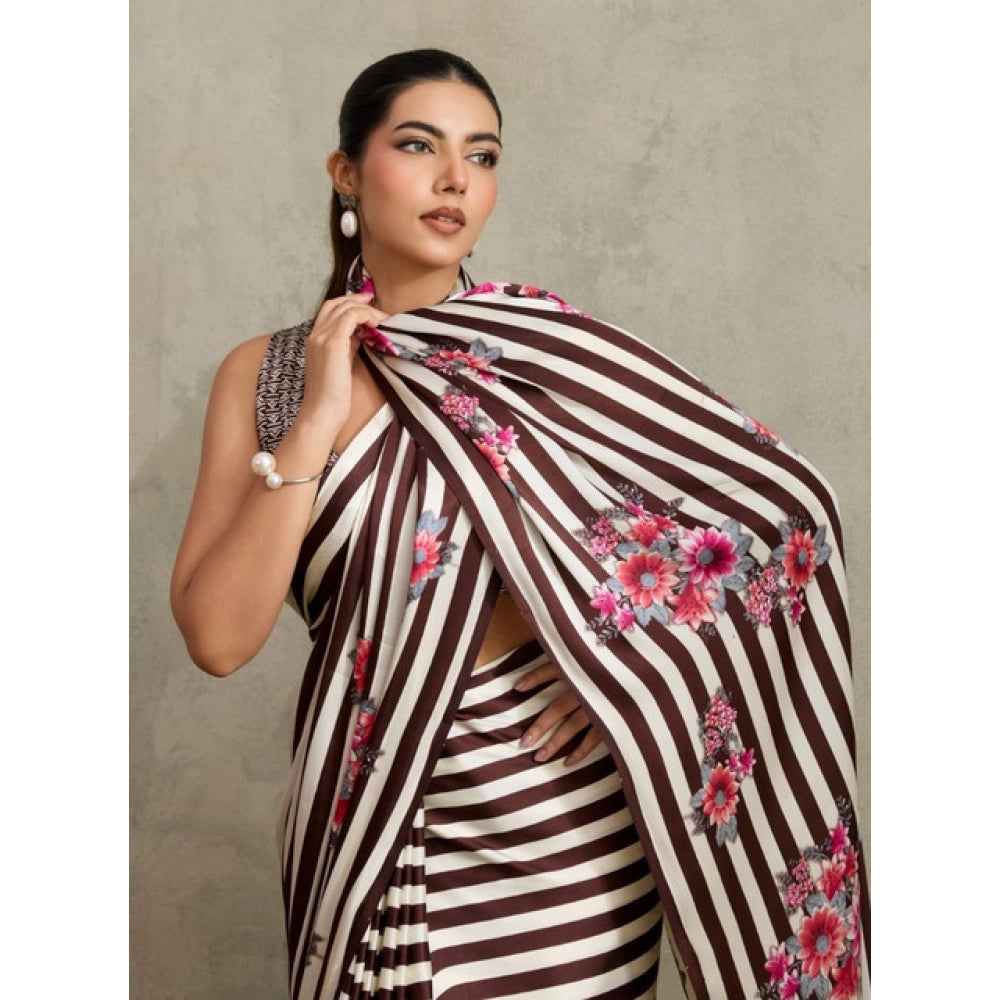Amfyn Women's Satin Crepe Printed Saree With Unstitched Blouse 5.5Mtr (Brown)