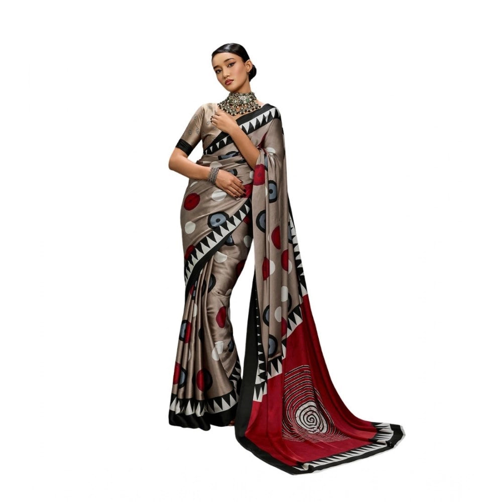 Amfyn Women's Satin Crepe Printed Saree With Unstitched Blouse 5.5Mtr (Grey)