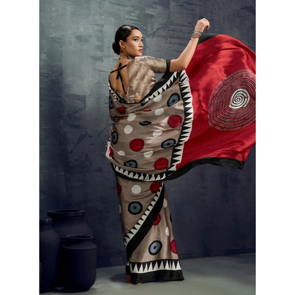 Amfyn Women's Satin Crepe Printed Saree With Unstitched Blouse 5.5Mtr (Grey)