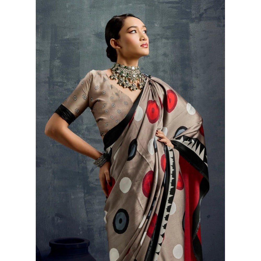 Amfyn Women's Satin Crepe Printed Saree With Unstitched Blouse 5.5Mtr (Grey)