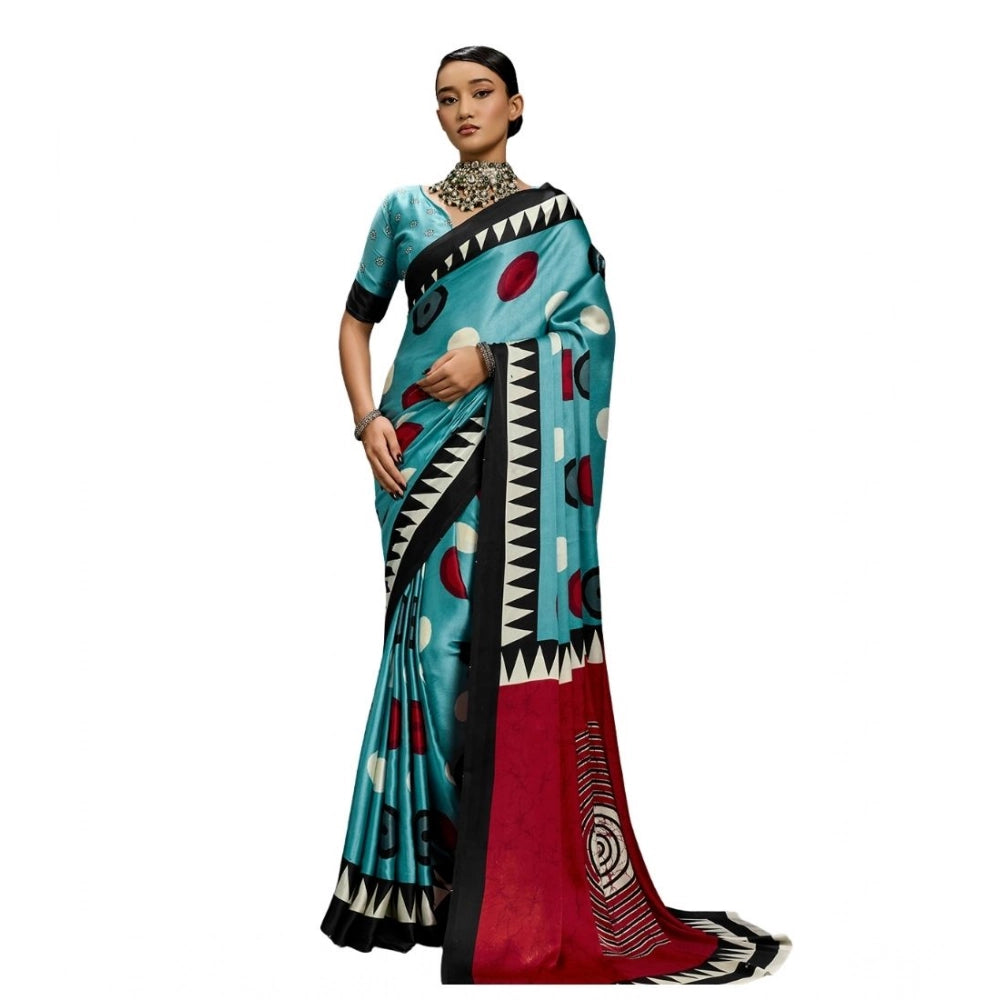 Amfyn Women's Satin Crepe Printed Saree With Unstitched Blouse 5.5Mtr (Sky Blue)