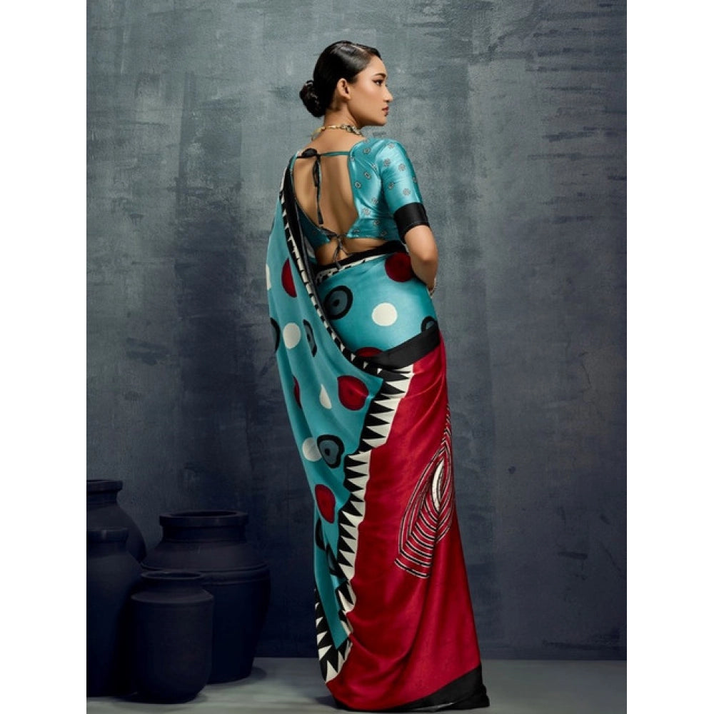 Amfyn Women's Satin Crepe Printed Saree With Unstitched Blouse 5.5Mtr (Sky Blue)