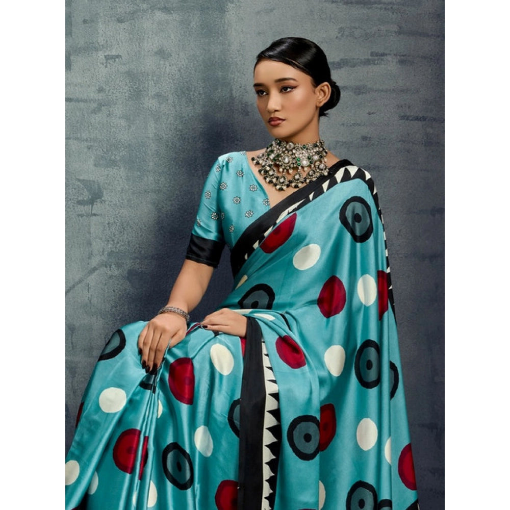 Amfyn Women's Satin Crepe Printed Saree With Unstitched Blouse 5.5Mtr (Sky Blue)