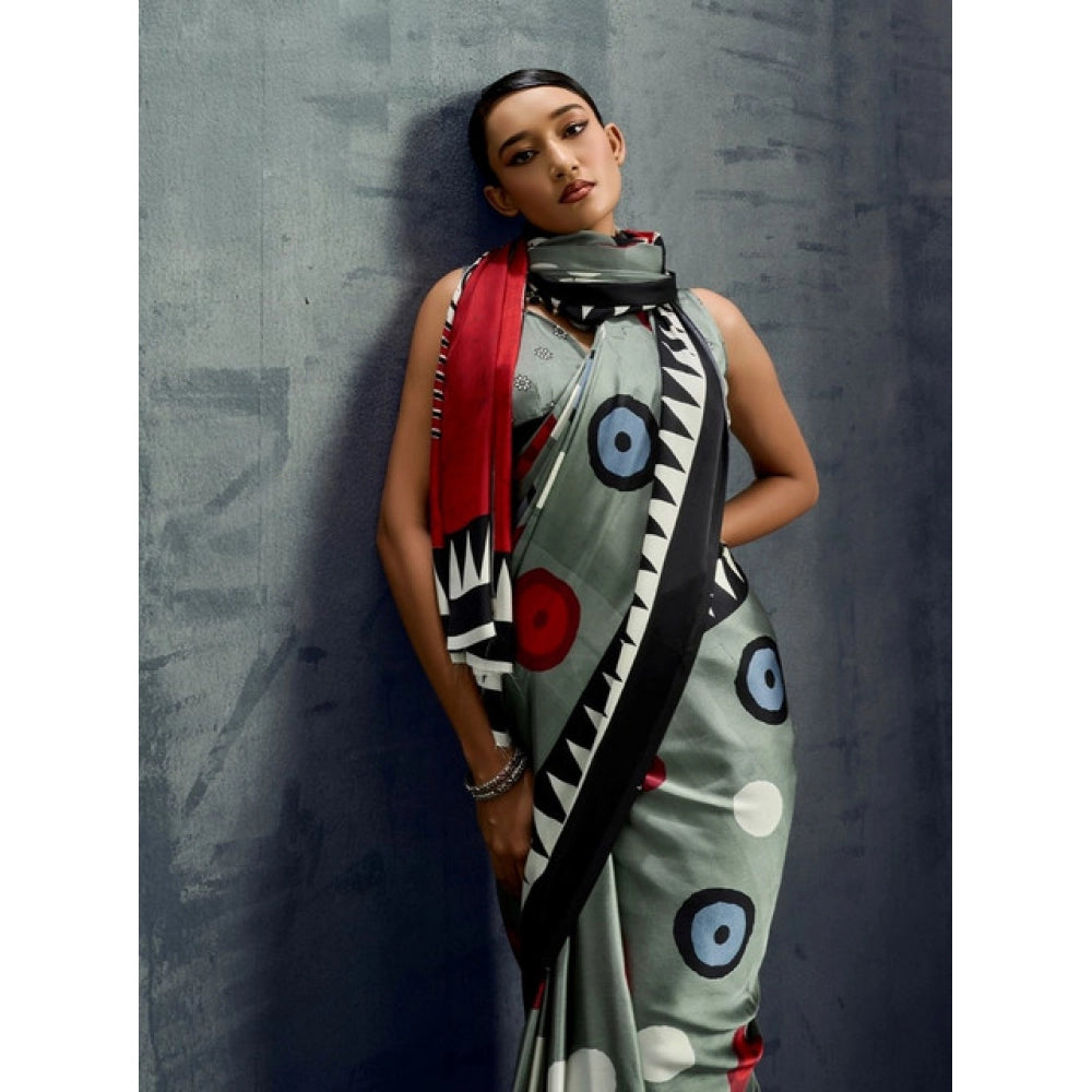 Amfyn Women's Satin Crepe Printed Saree With Unstitched Blouse 5.5Mtr (Multicolor)