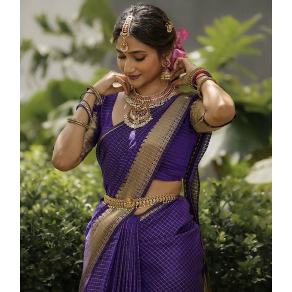 Amfyn Women's Banarasi Silk Printed Saree With Unstitched Blouse 5.5Mtr (Purple)