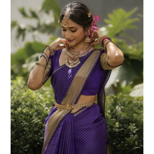 Amfyn Women's Banarasi Silk Printed Saree With Unstitched Blouse 5.5Mtr (Purple)