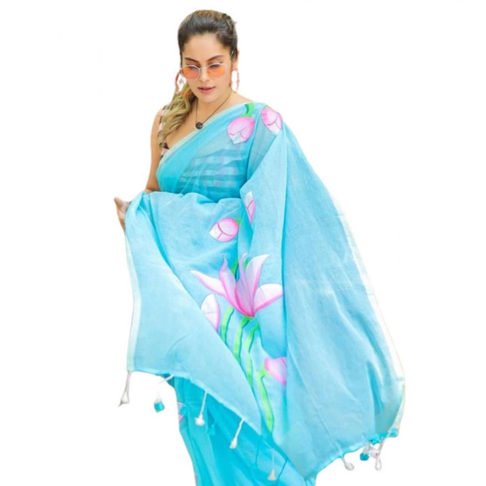 Amfyn Women's Linen Printed Saree With Unstitched Blouse 5.5Mtr (light Blue)