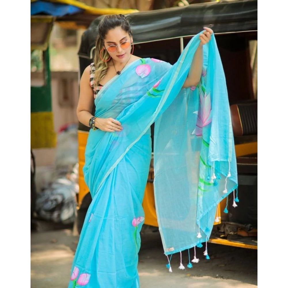 Amfyn Women's Linen Printed Saree With Unstitched Blouse 5.5Mtr (light Blue)