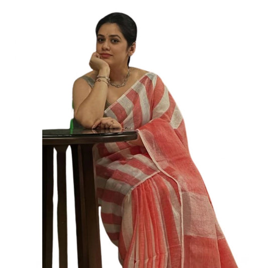 Amfyn Women's Linen Printed Saree With Unstitched Blouse 5.5Mtr (Multicolor)