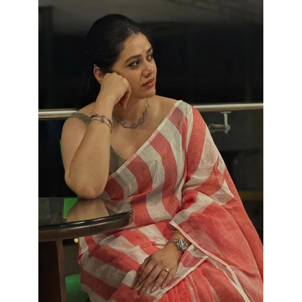 Amfyn Women's Linen Printed Saree With Unstitched Blouse 5.5Mtr (Multicolor)