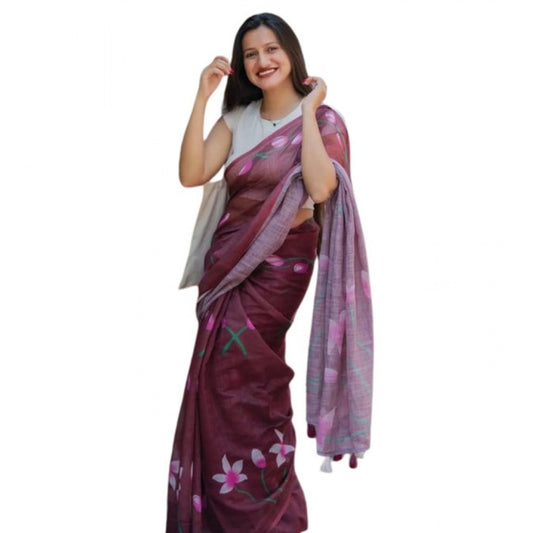 Amfyn Women's Linen Printed Saree With Unstitched Blouse 5.5Mtr (Brown)