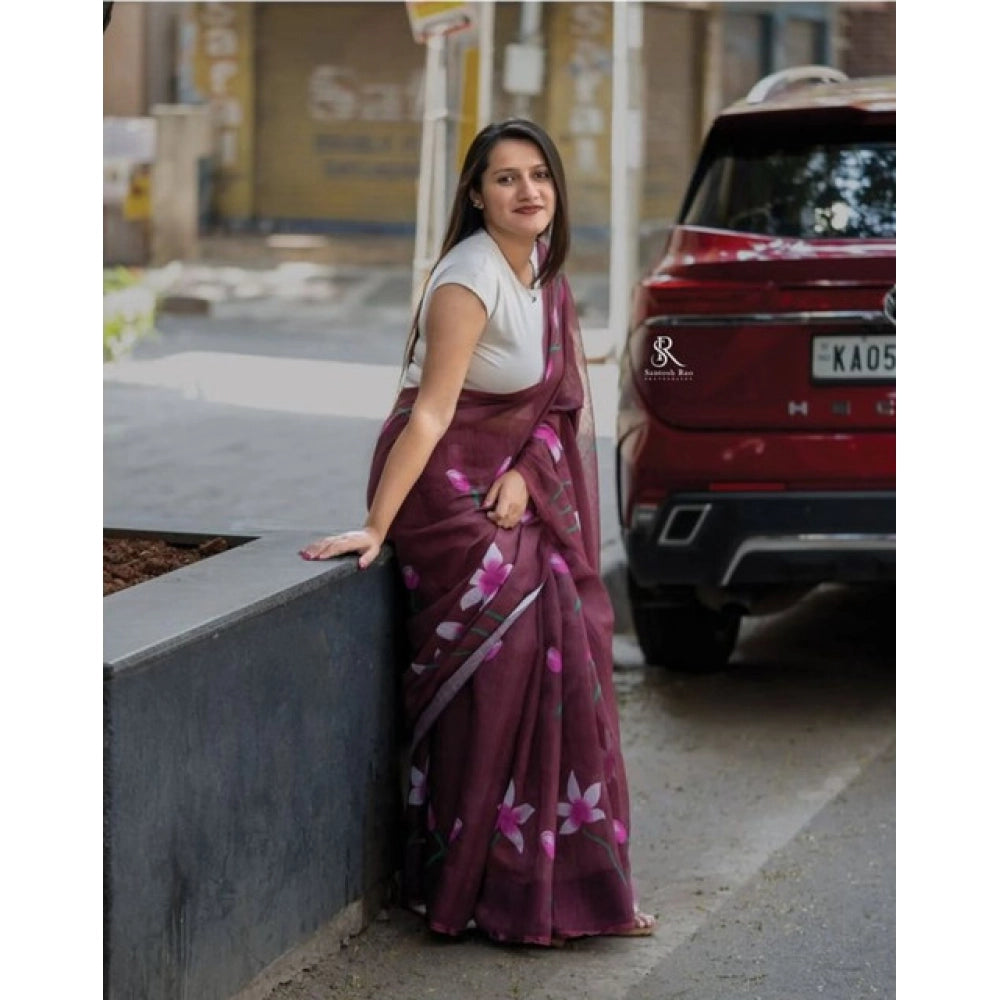 Amfyn Women's Linen Printed Saree With Unstitched Blouse 5.5Mtr (Brown)