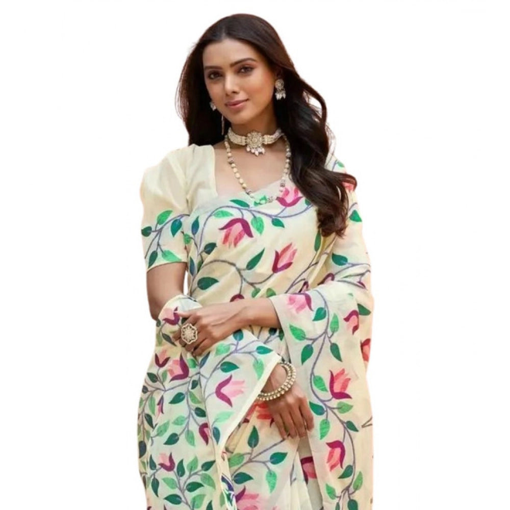 Amfyn Women's Georgette Printed Saree With Unstitched Blouse 5.5Mtr (Cream)
