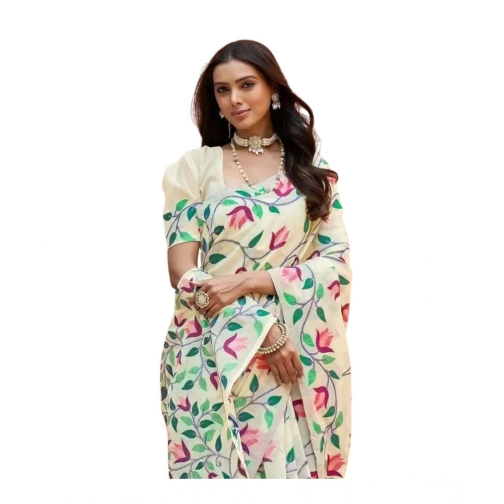 Amfyn Women's Georgette Printed Saree With Unstitched Blouse 5.5Mtr (Cream)